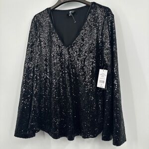 Isaac Mizrahi IMNYC Size M East Side Glam Bell Sleeve Black Sequin Top $109